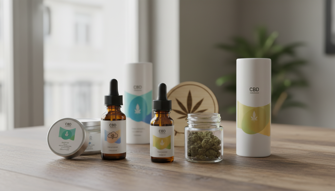 Assortiment de produits CBD légaux en France : huile, fleur, cosmétique, e-liquide, avec des étiquettes claires