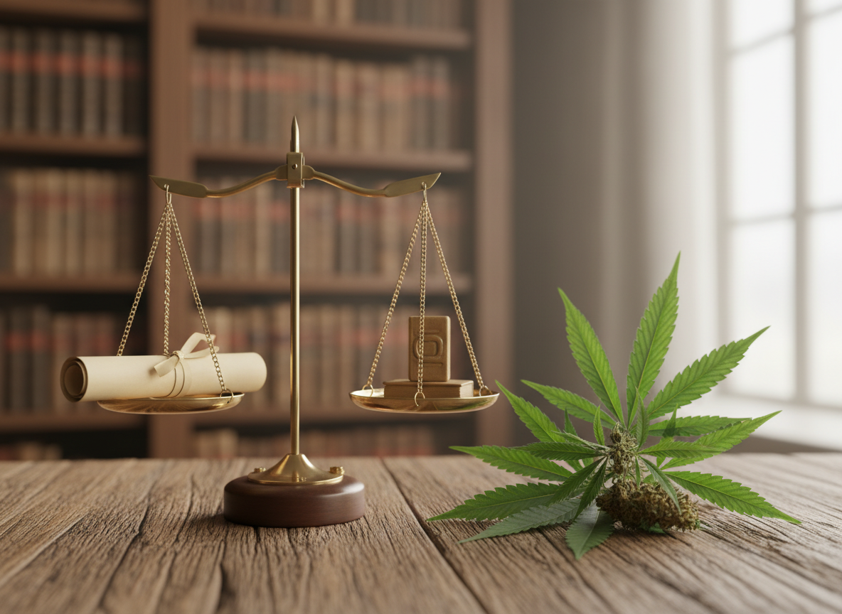 Balance de justice à côté de feuilles de chanvre, symbolisant la législation et la conformité du CBD.