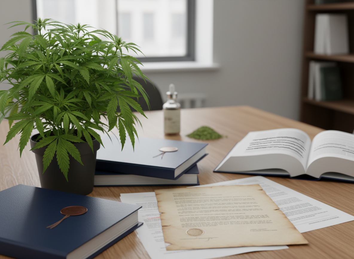 Des documents juridiques et une plante de chanvre sur une table, illustrant la complexité de la législation du CBD.