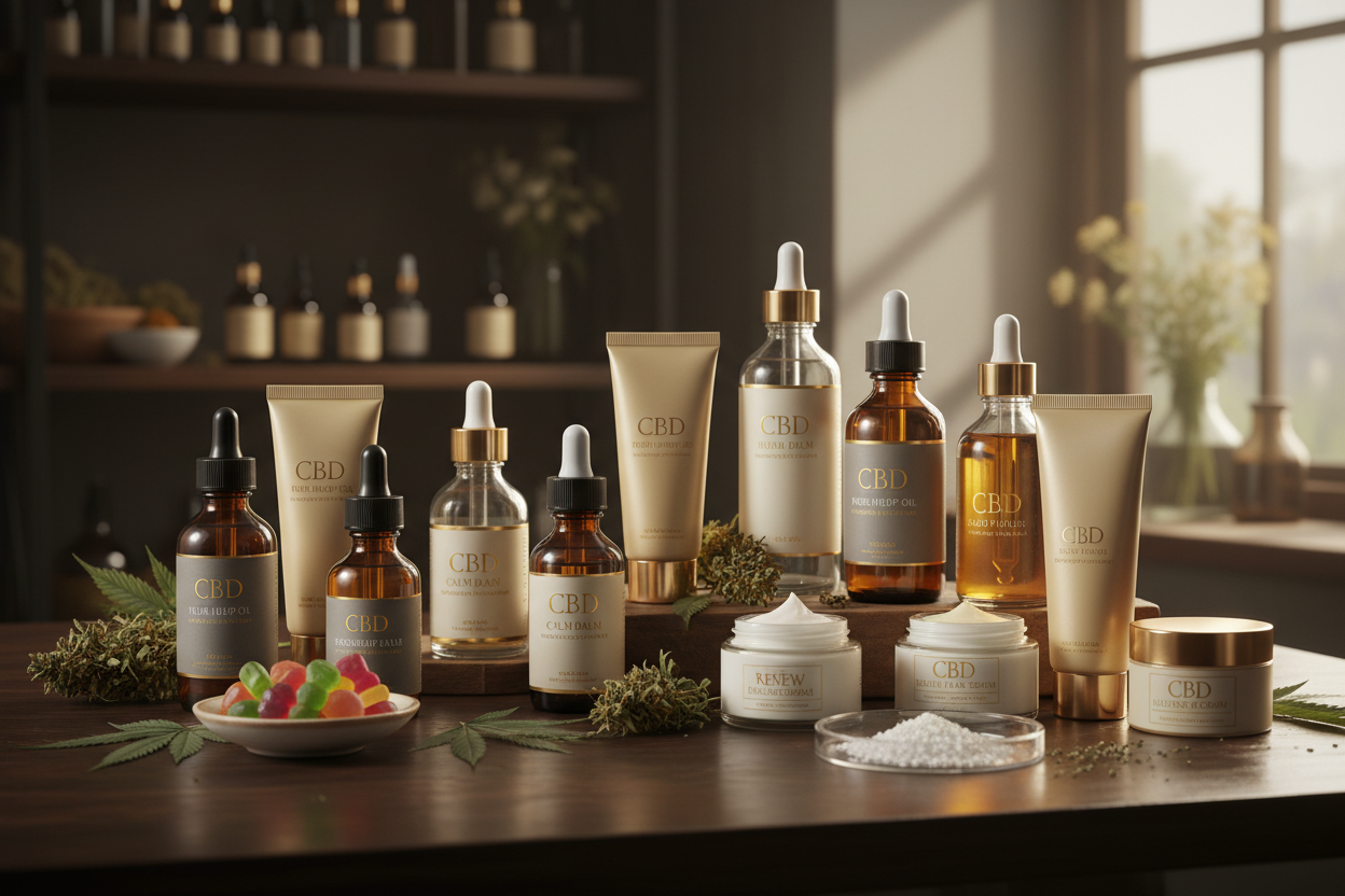 Divers produits CBD de haute qualité, huiles et cosmétiques.