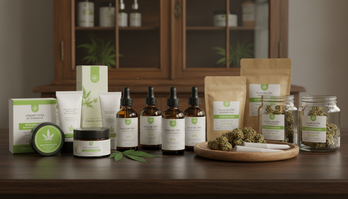 Divers produits CBD légaux en France : huiles, cosmétiques, fleurs