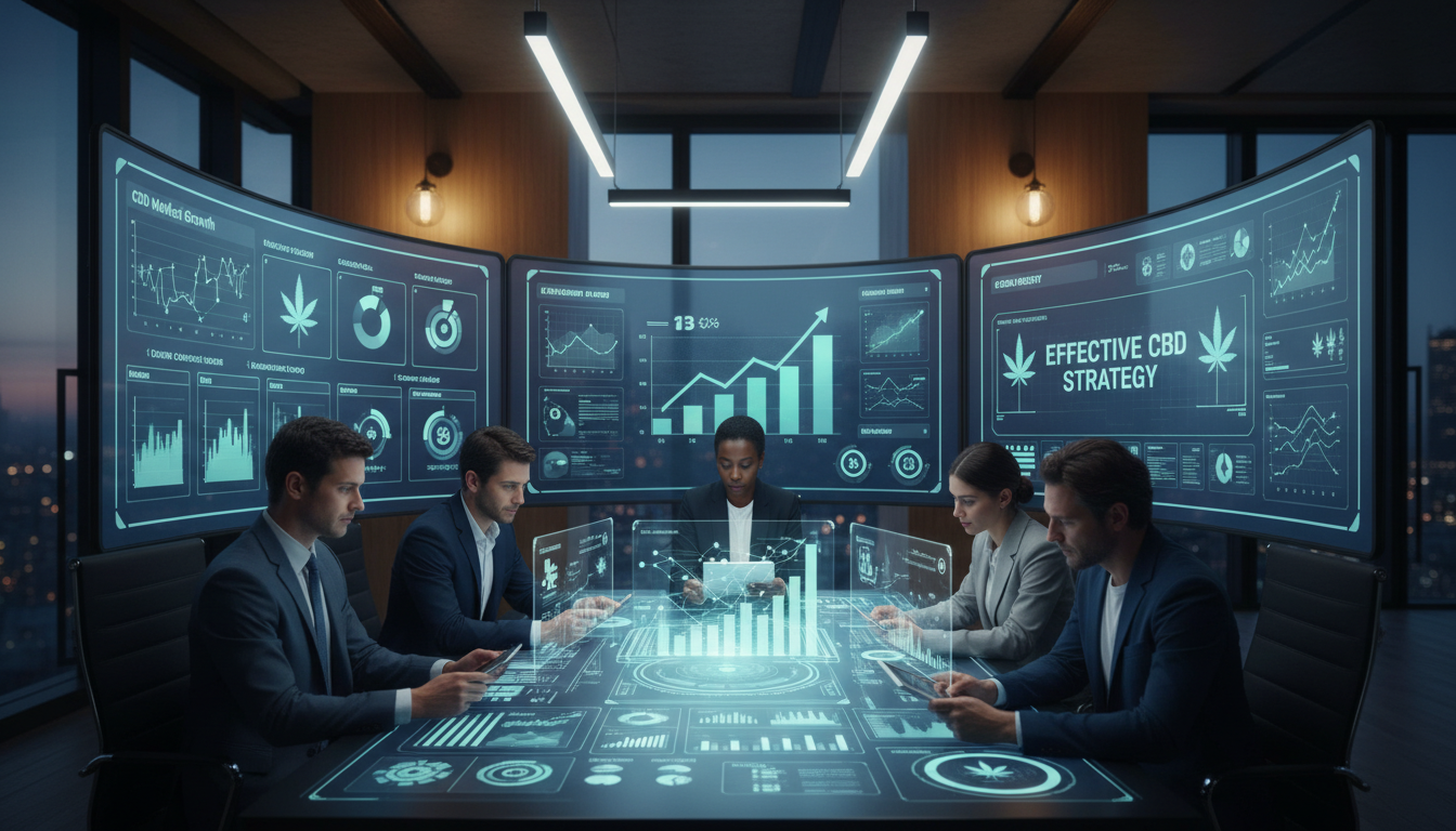 Équipe analysant des données marketing sur des écrans, représentant une stratégie CBD efficace