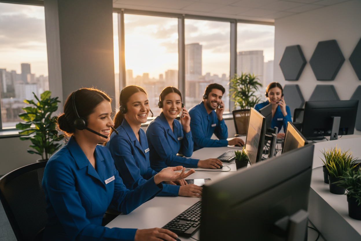 Équipe de support client souriante au téléphone.