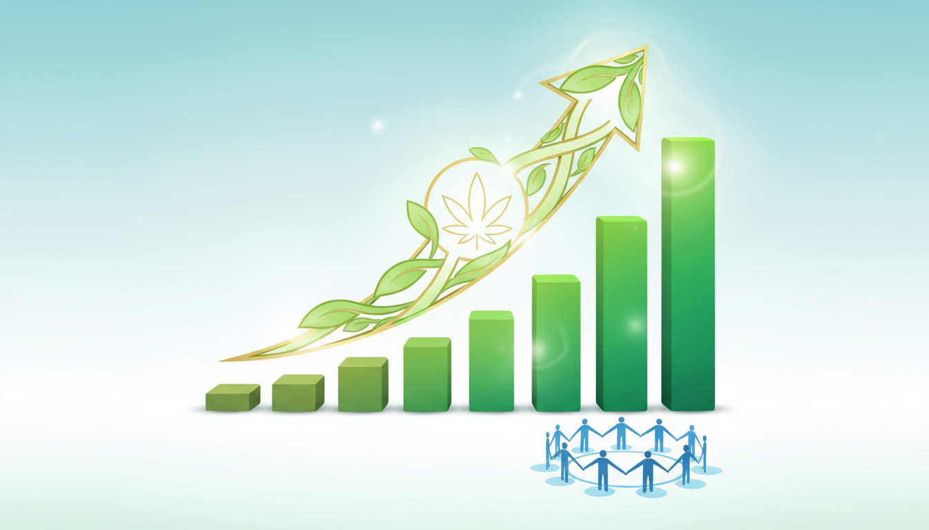 Graphique de croissance montrant une augmentation des ventes et de l'intérêt pour le CBD, symbolisant l'opportunité du marché de l'affiliation.