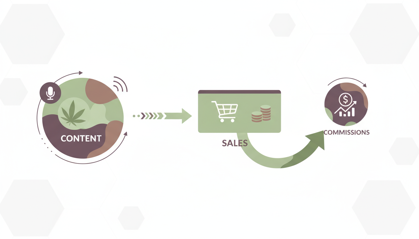 Graphique montrant la stratégie de marketing d'affiliation CBD avec des flèches allant du contenu à la vente et aux commissions.