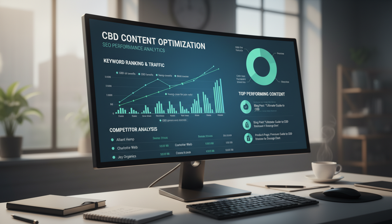 Graphique SEO sur un écran d'ordinateur, illustrant l'analyse de contenu pour le CBD