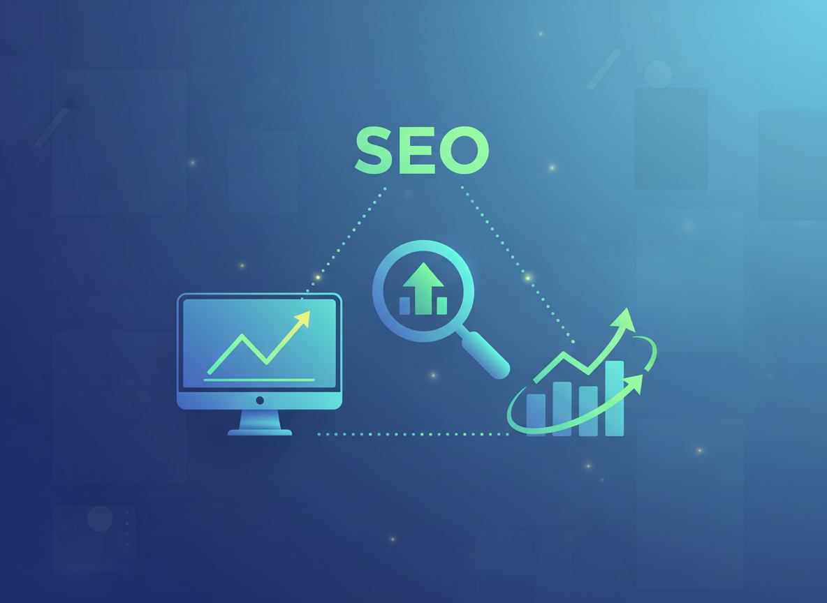 Icônes d'outils SEO: loupe, graphique, ordinateur, symbolisant l'analyse et l'optimisation.