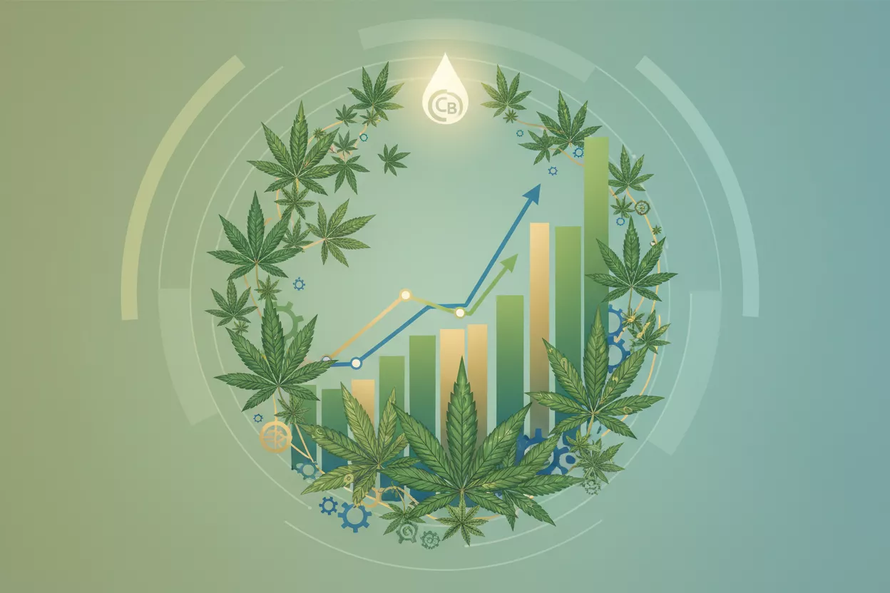 Illustration de graphiques financiers et de plantes de chanvre, symbolisant la croissance économique dans le secteur du CBD.