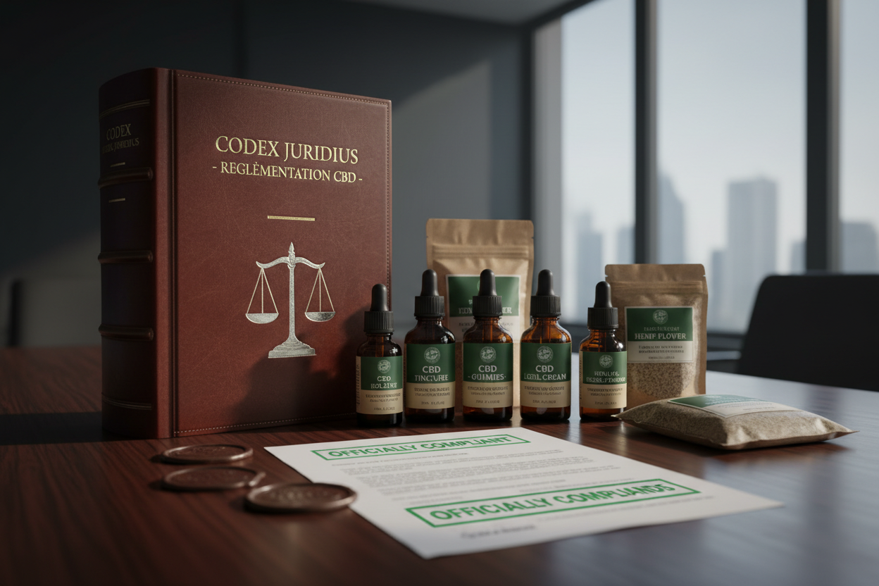 Livre de lois et produits CBD, symbolisant la réglementation et la conformité.