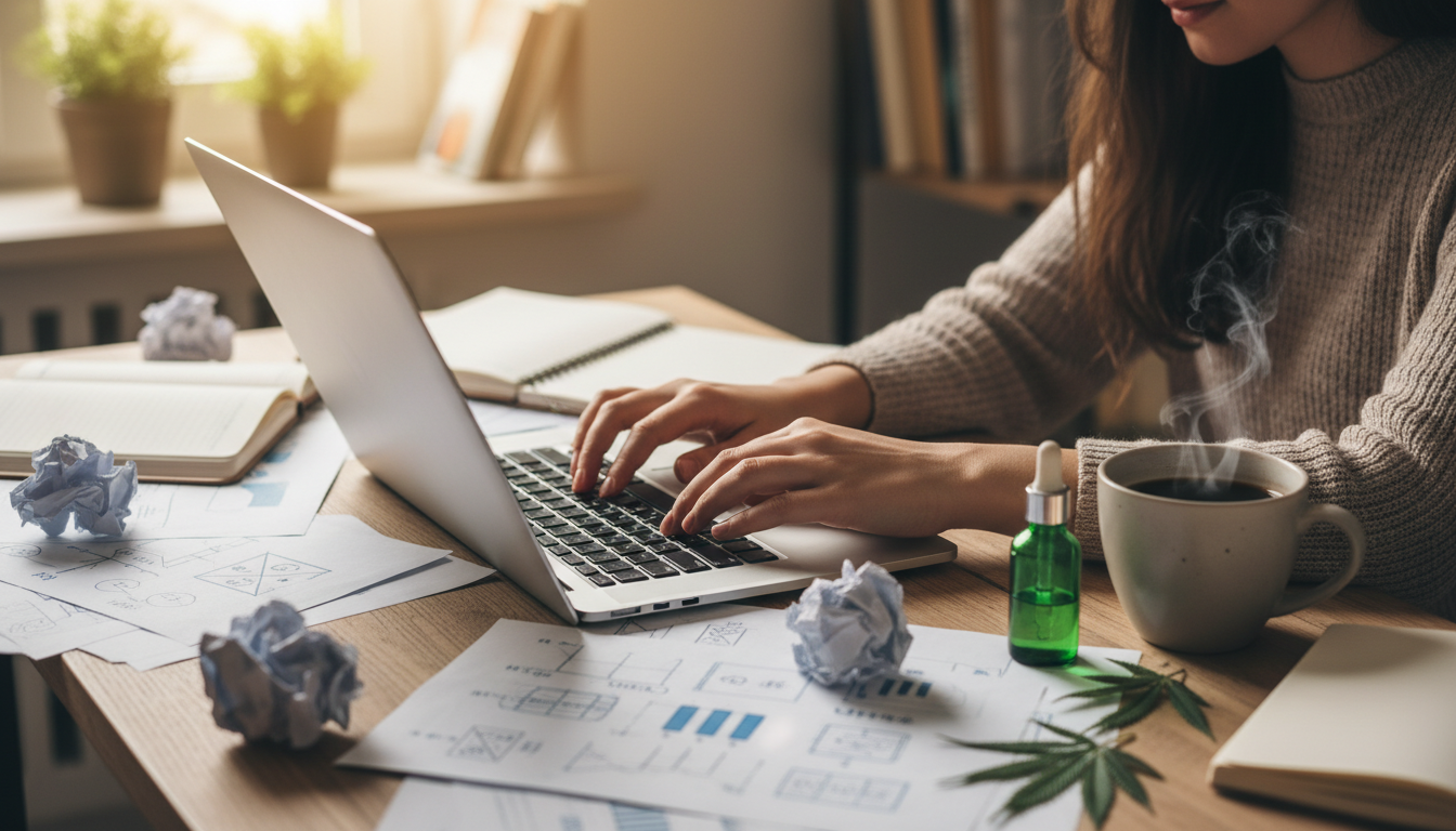 Personne rédigeant un article sur un ordinateur portable, entourée de notes et d'une tasse de café, illustrant la création de contenu de qualité pour l'affiliation CBD.