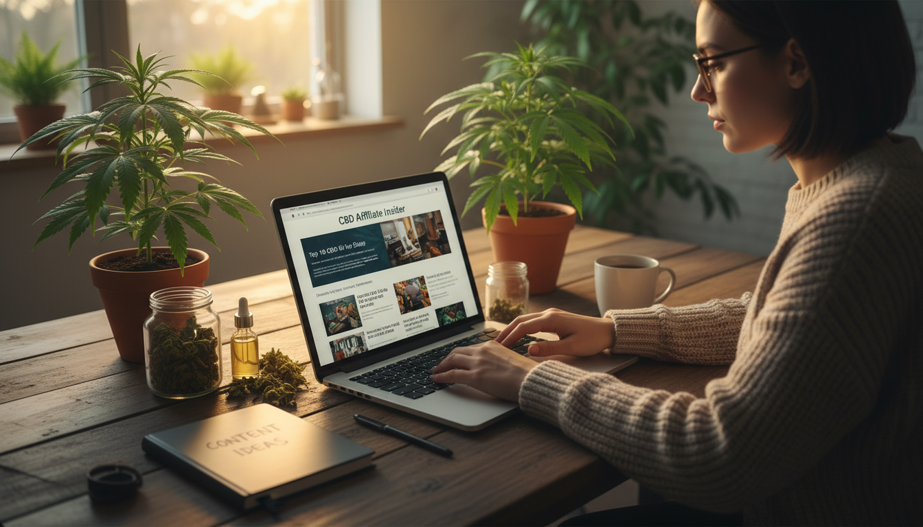 Personne travaillant sur un blog sur l'affiliation CBD avec un ordinateur portable et des plantes de CBD