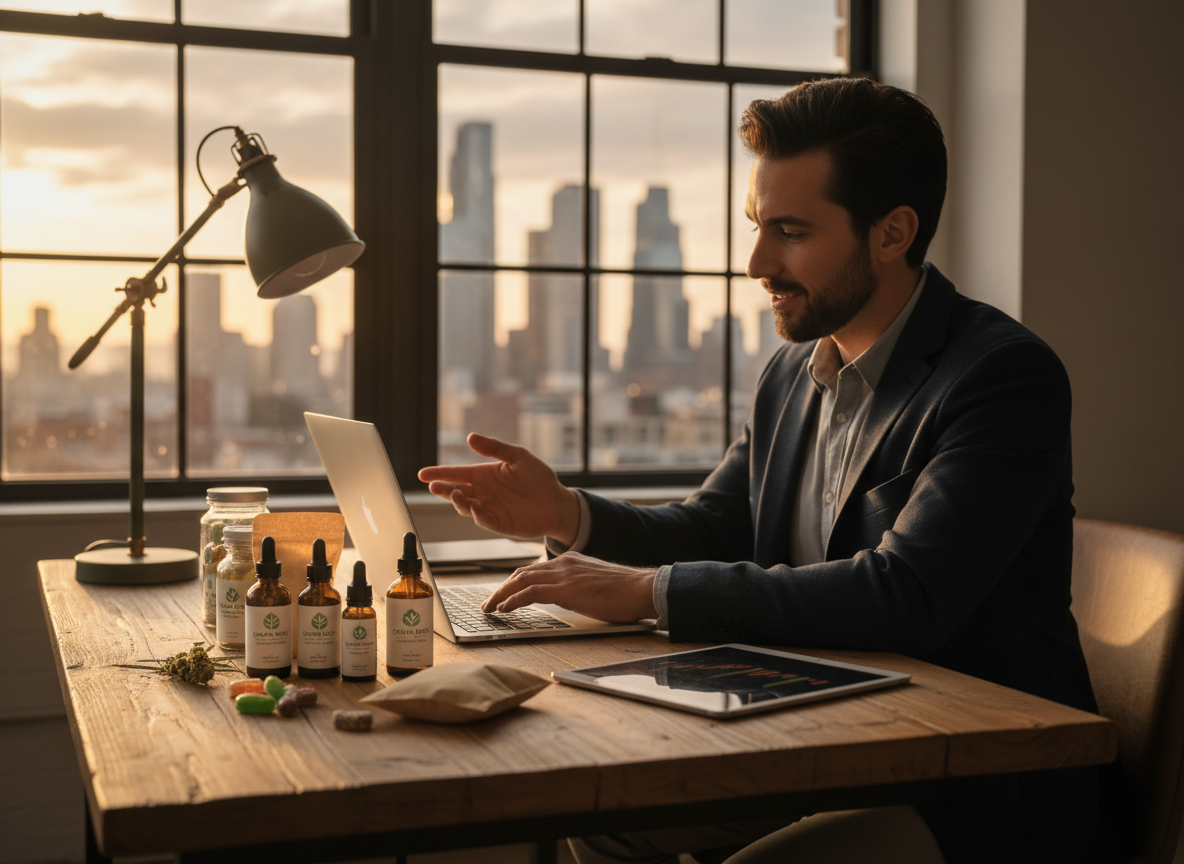 Personne travaillant sur un ordinateur avec des produits CBD, symbolisant une opportunité d'affaires.