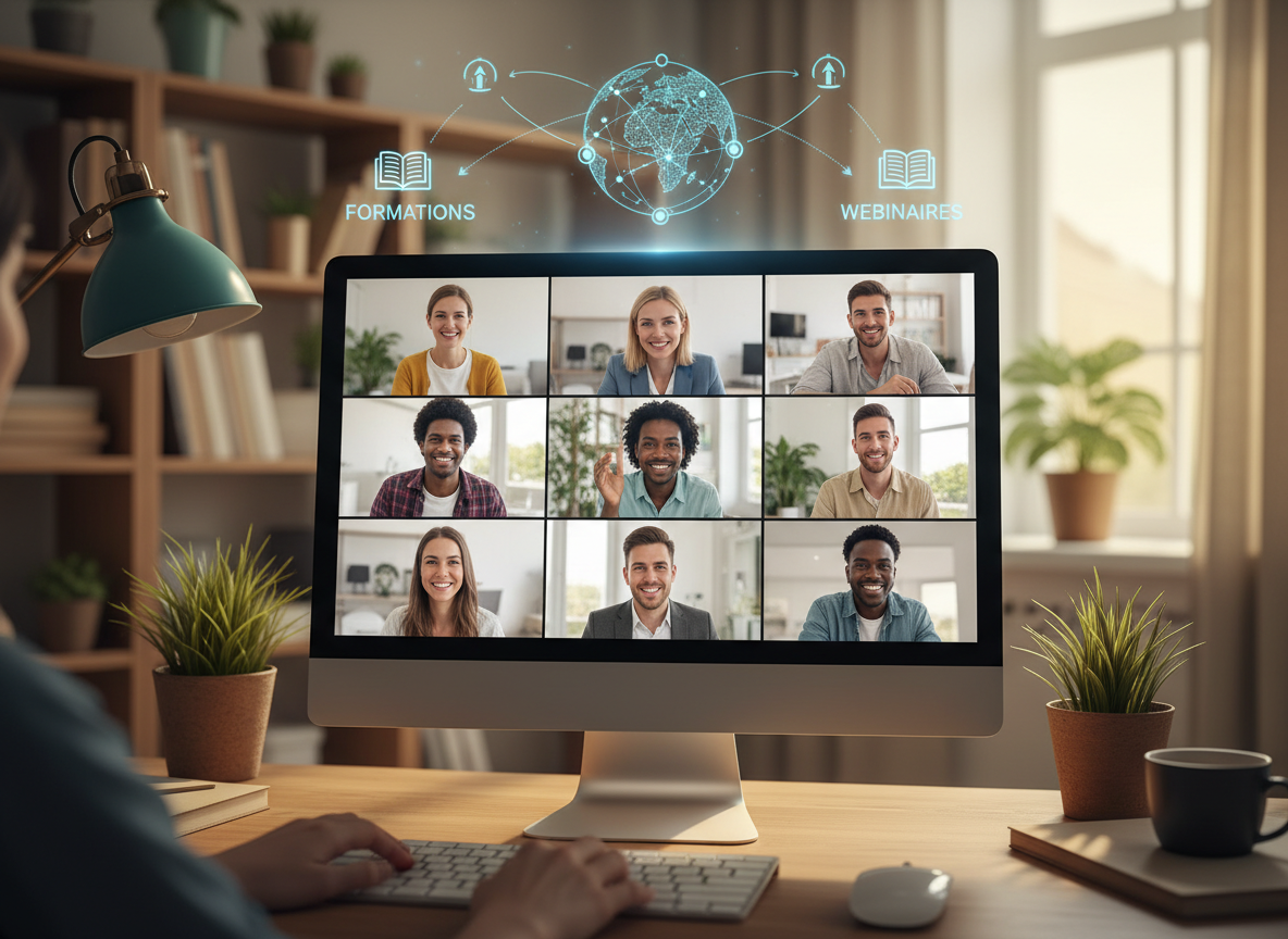 Personnes participant à une conférence en ligne sur un écran d'ordinateur, symbolisant des formations et webinaires.