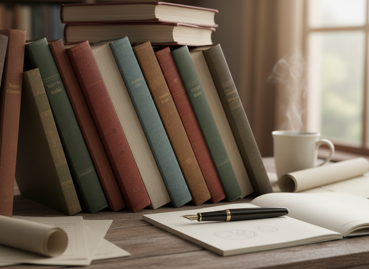 Pile de livres et stylo, symbolisant la rédaction de guides et de contenus.