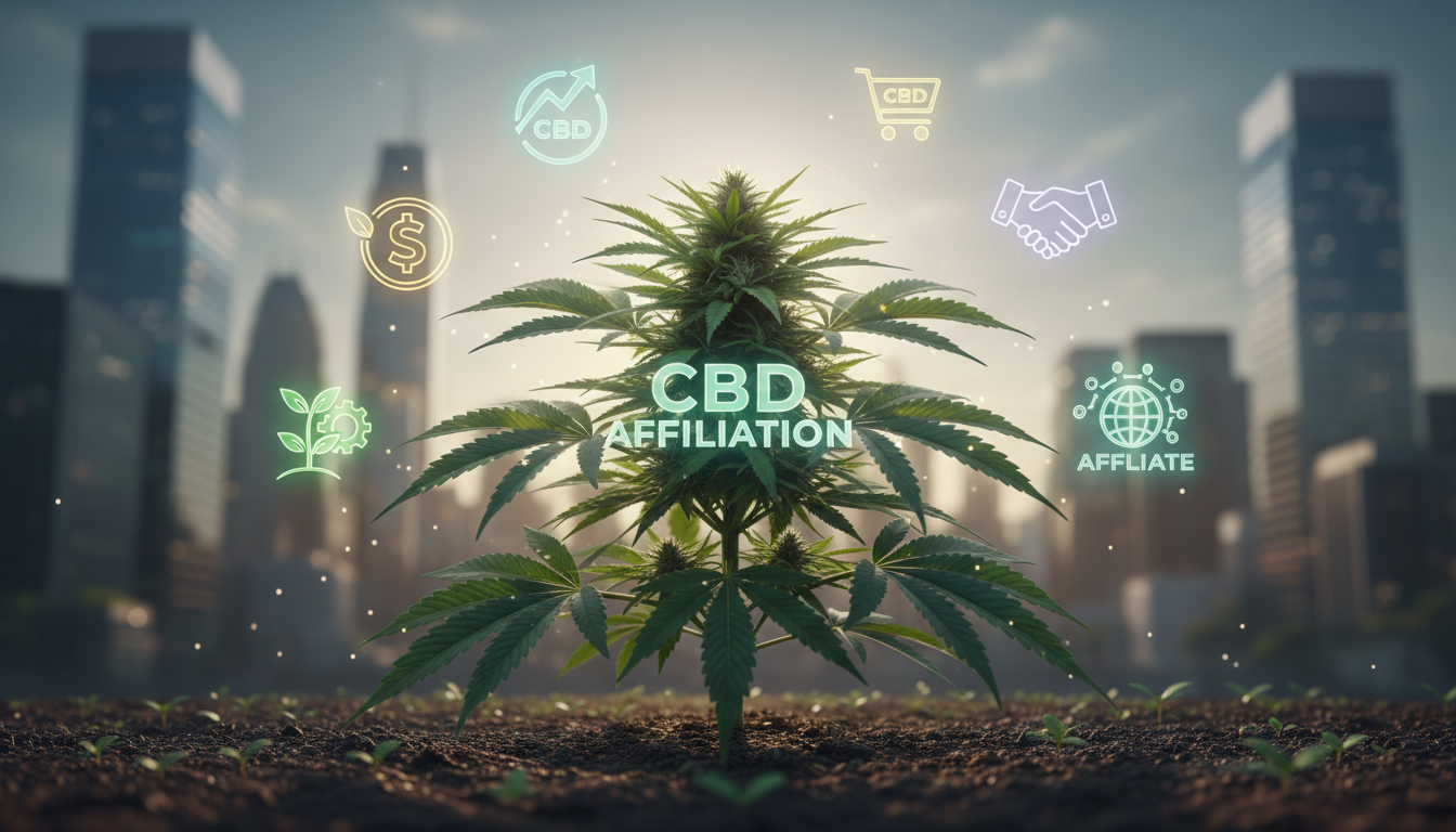 Plant de chanvre et pictogrammes d'opportunités d'affiliation CBD, symbolisant la croissance du marché.