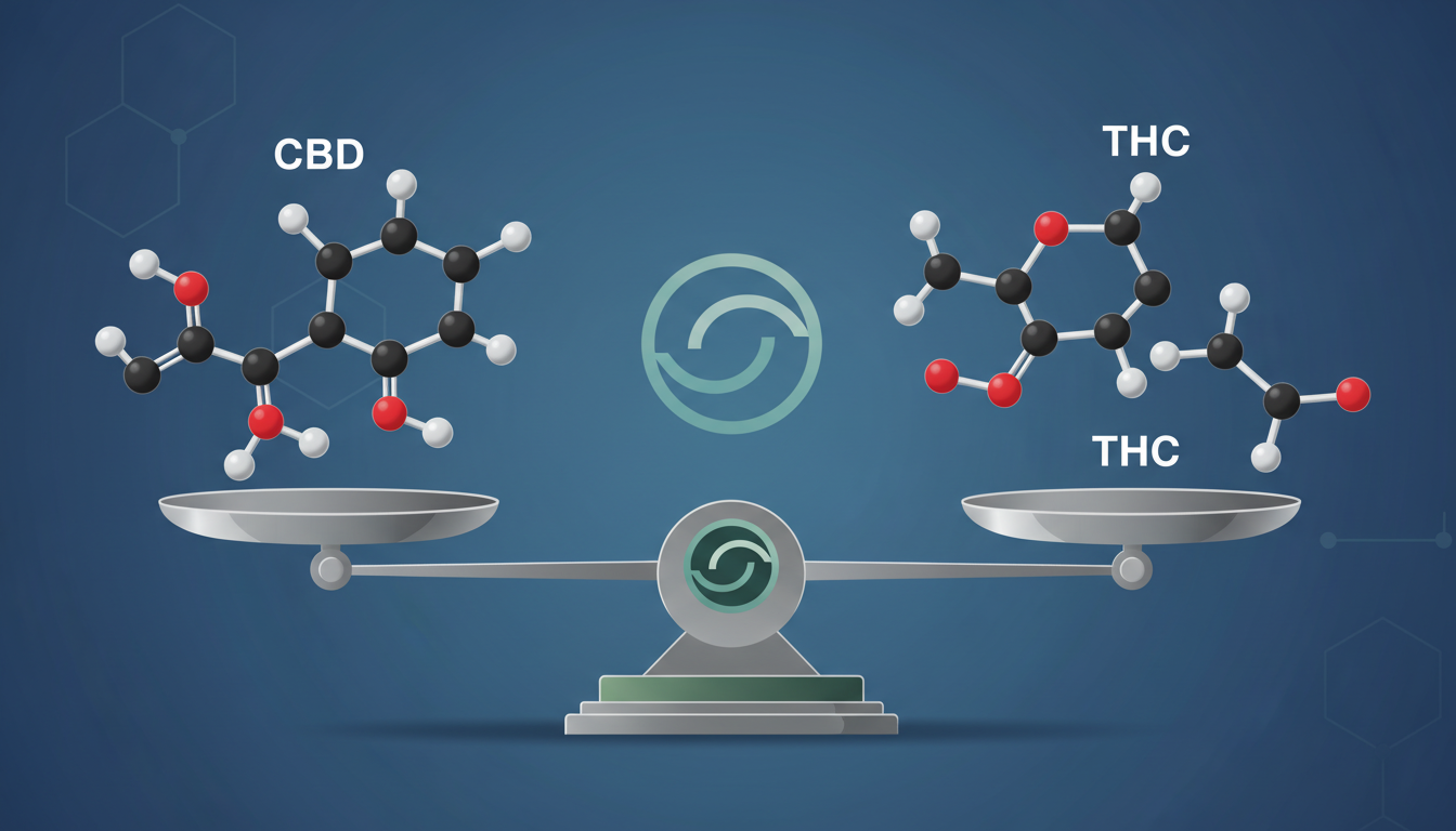Représentation moléculaire du CBD et du THC avec une balance symbolisant l'équilibre légal