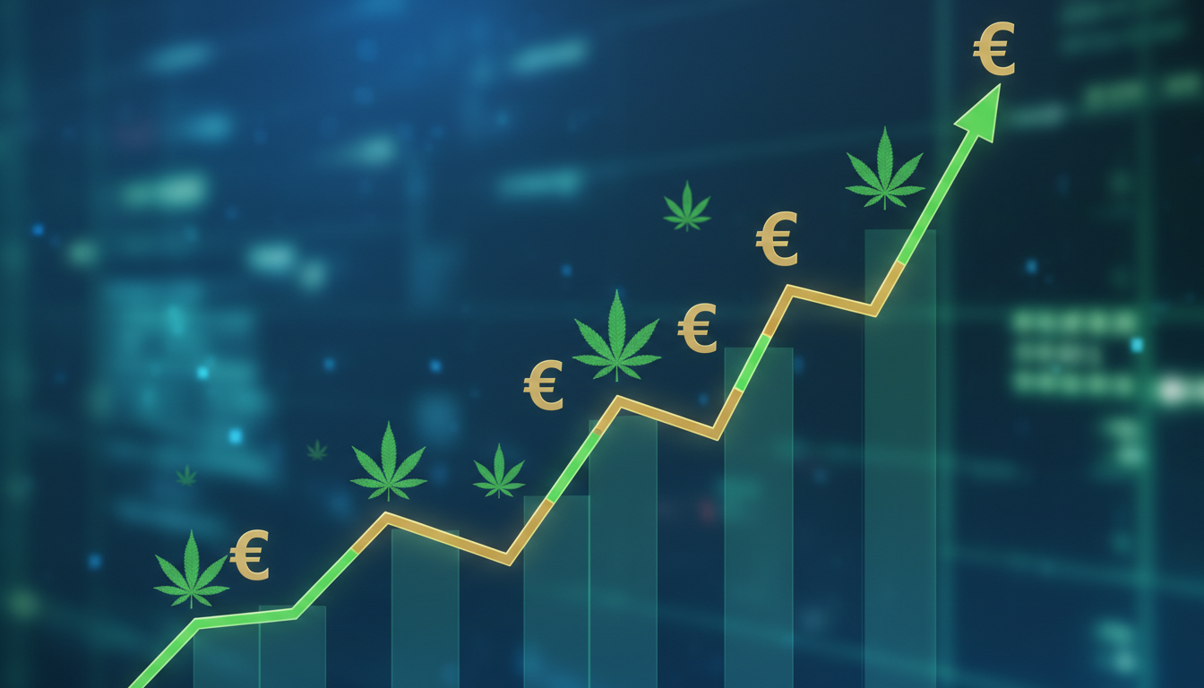 Un graphique boursier ascendant avec des icônes de feuille de CBD et un signe euro, symbolisant la croissance et la rentabilité du marché du CBD.