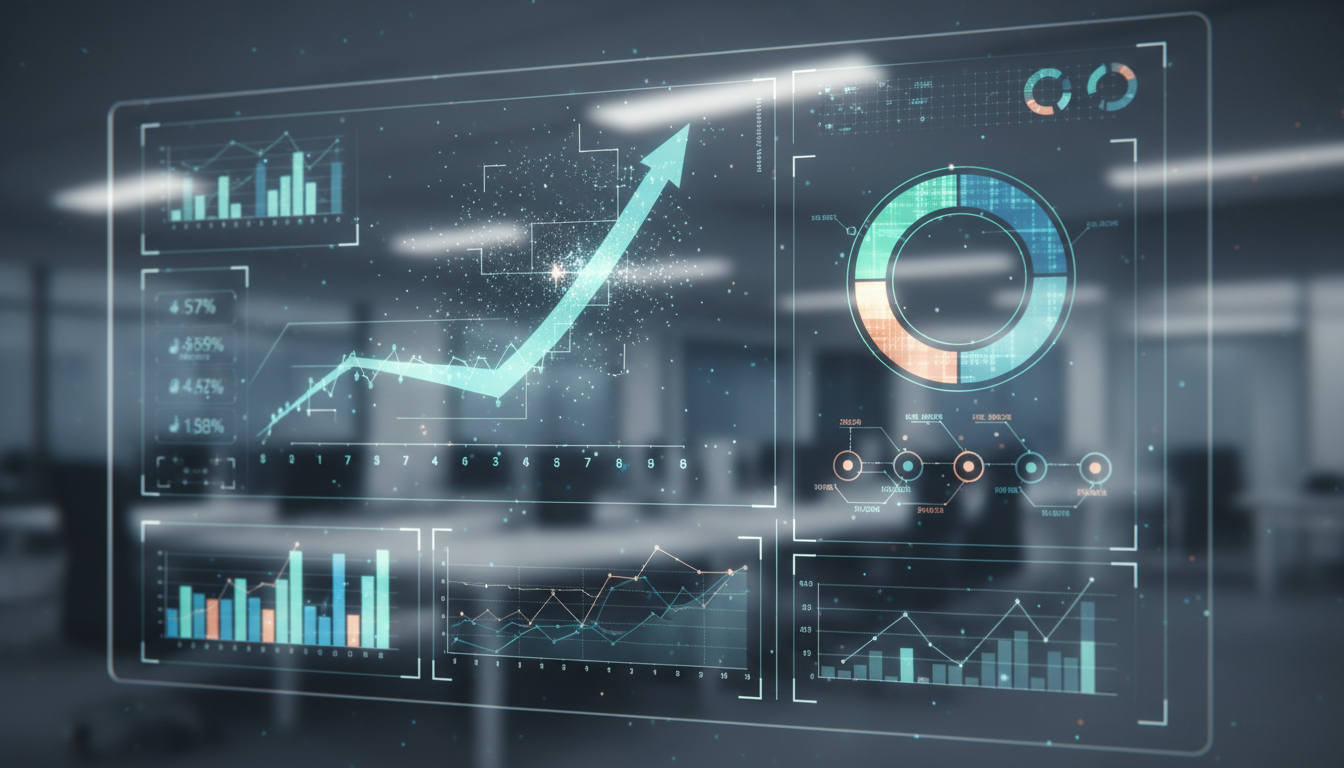 Un tableau de bord avec des graphiques et des statistiques montrant des métriques de performance marketing, symbolisant l'analyse de données pour l'optimisation.