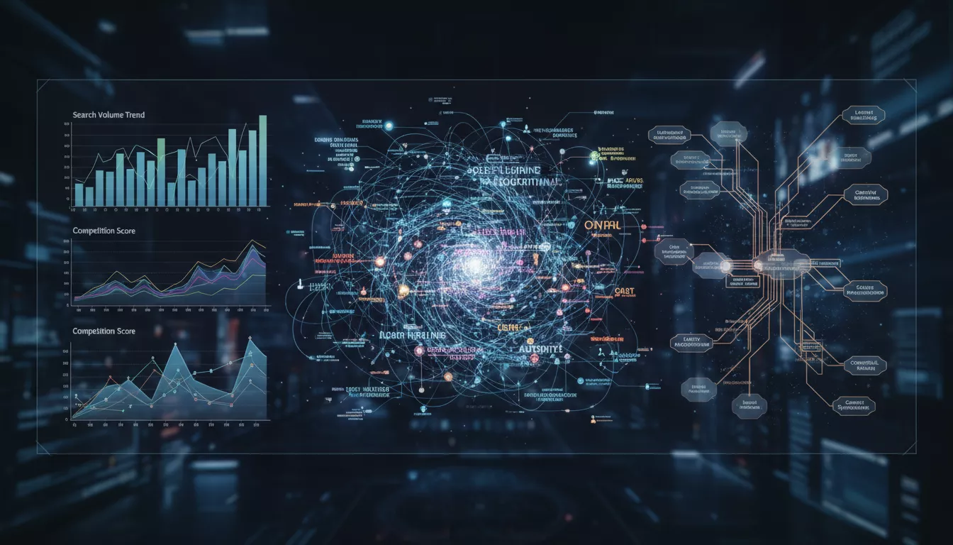 Un tableau numérique affichant des données complexes d'analyse de mots-clés, avec des graphiques et des termes de recherche interconnectés, symbolisant la recherche sémantique avancée