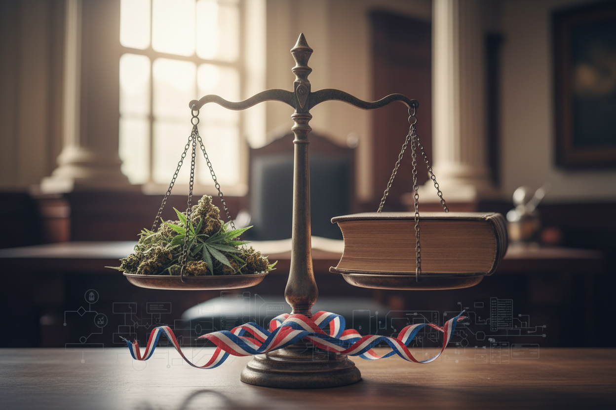 Une balance de justice avec des feuilles de chanvre sur un plateau et un code juridique sur l'autre, symbolisant la législation complexe du CBD en France.