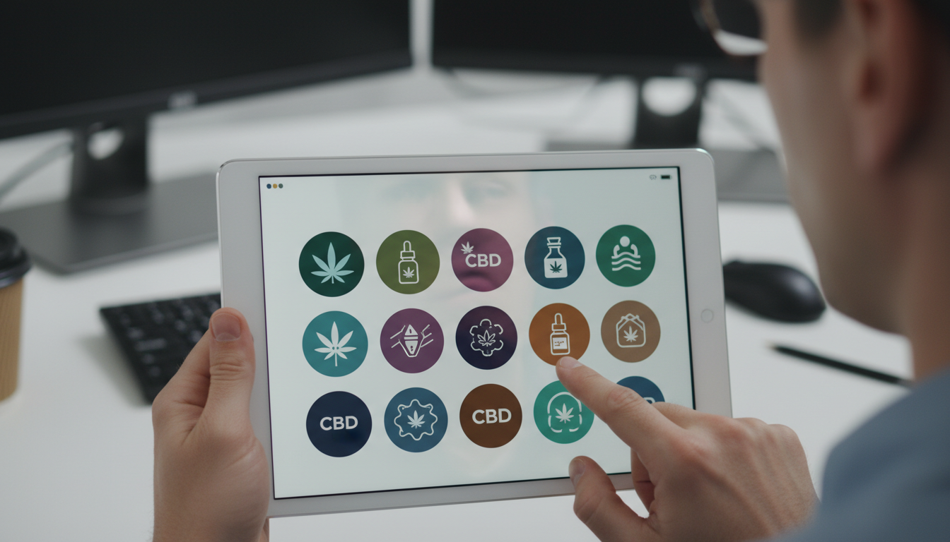 Une personne regardant différentes icônes de marques CBD sur un écran, symbolisant le choix des programmes d'affiliation.