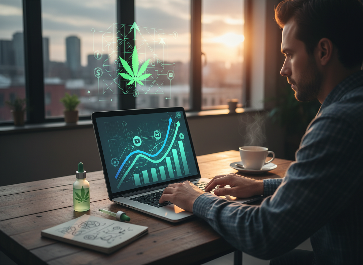 Une personne travaillant sur un ordinateur portable avec des graphiques de croissance et des icônes de médias sociaux, symbolisant les stratégies de marketing numérique pour le CBD.