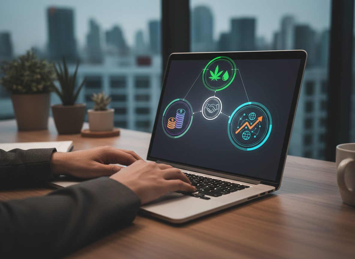Une personne travaillant sur un ordinateur portable avec des icônes représentant le CBD, l'argent et le marketing digital, symbolisant l'affiliation CBD.