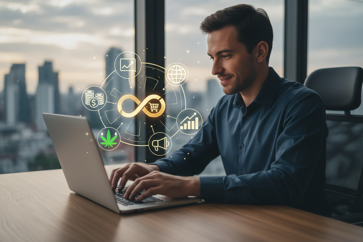 Une personne travaillant sur un ordinateur portable, entourée d'icônes représentant le CBD, l'argent et le marketing digital, symbolisant un programme d'affiliation rentable.