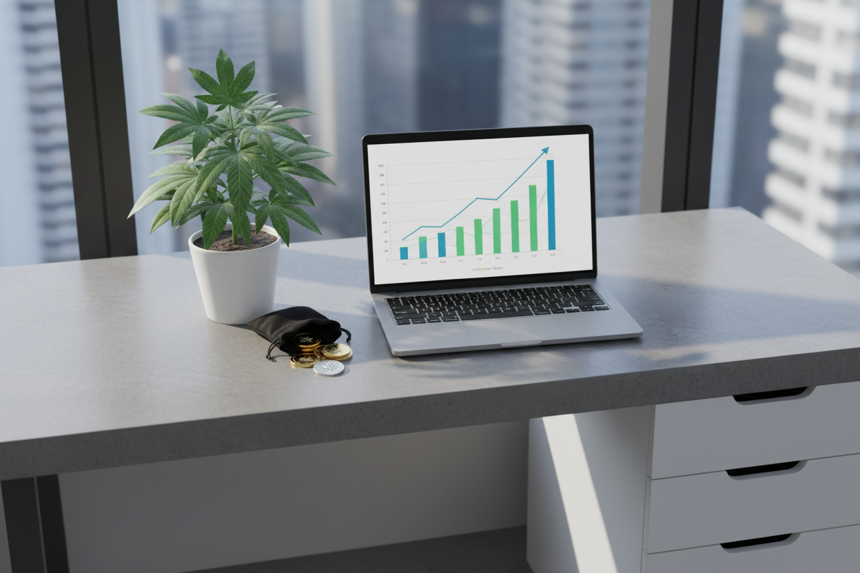 Vue aérienne d'un bureau moderne avec un ordinateur portable affichant des graphiques de croissance, un plant de CBD stylisé et des pièces de monnaie, symbolisant la réussite en affiliation CBD et les revenus passifs.