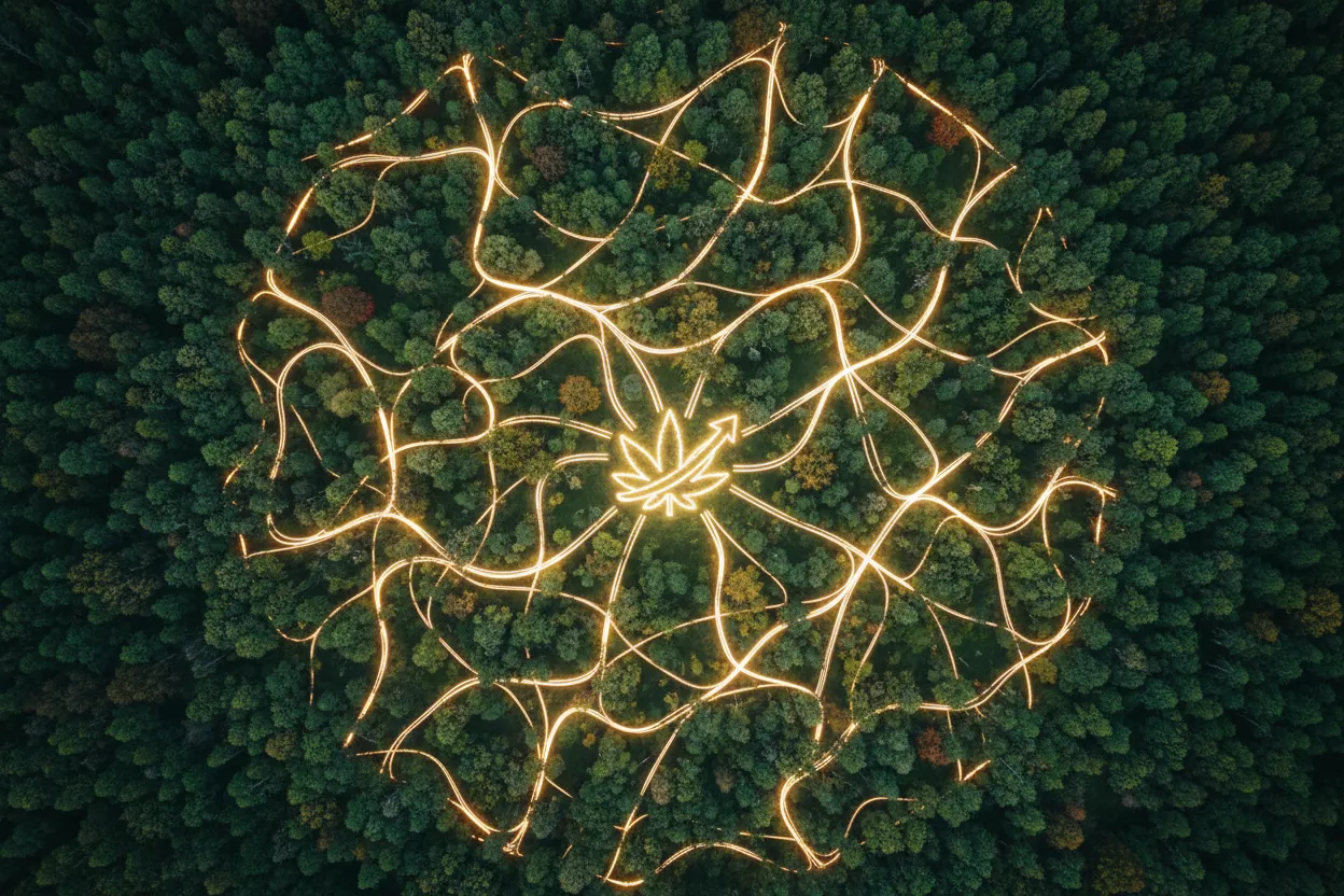 Vue aérienne d'une forêt dense avec des chemins lumineux convergeant vers un point central, symbolisant des stratégies SEO complexes et interconnectées pour l'affiliation CBD.